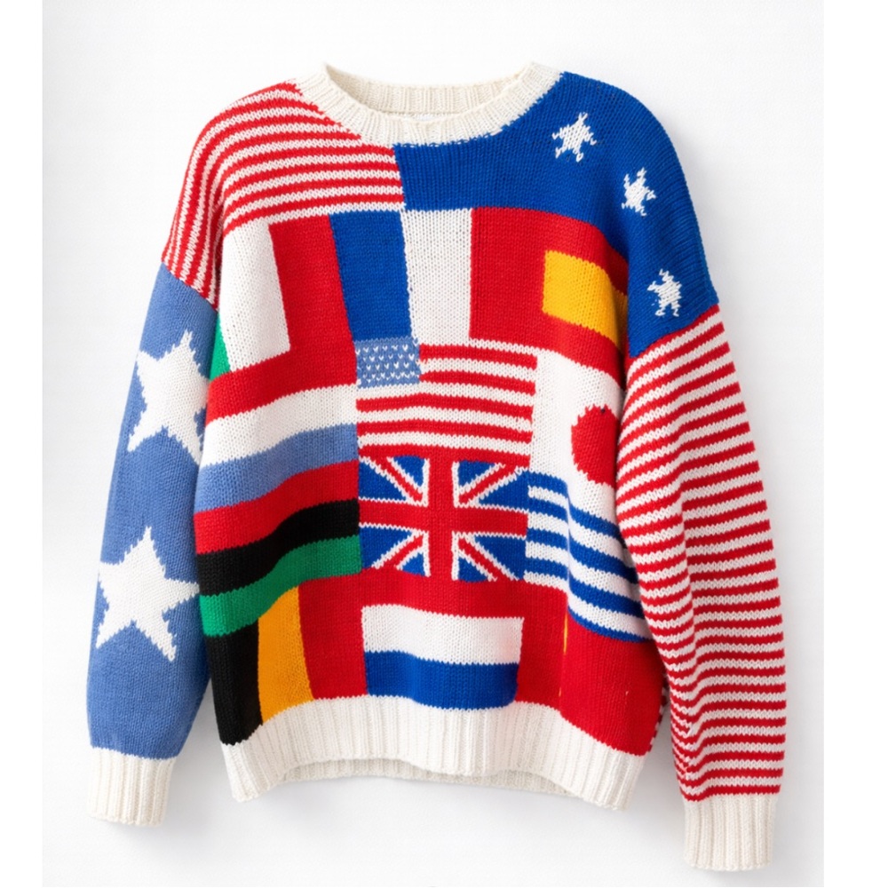 Vintage Michelle Stuart Handknit Multicolor Flag Pattern Sweater